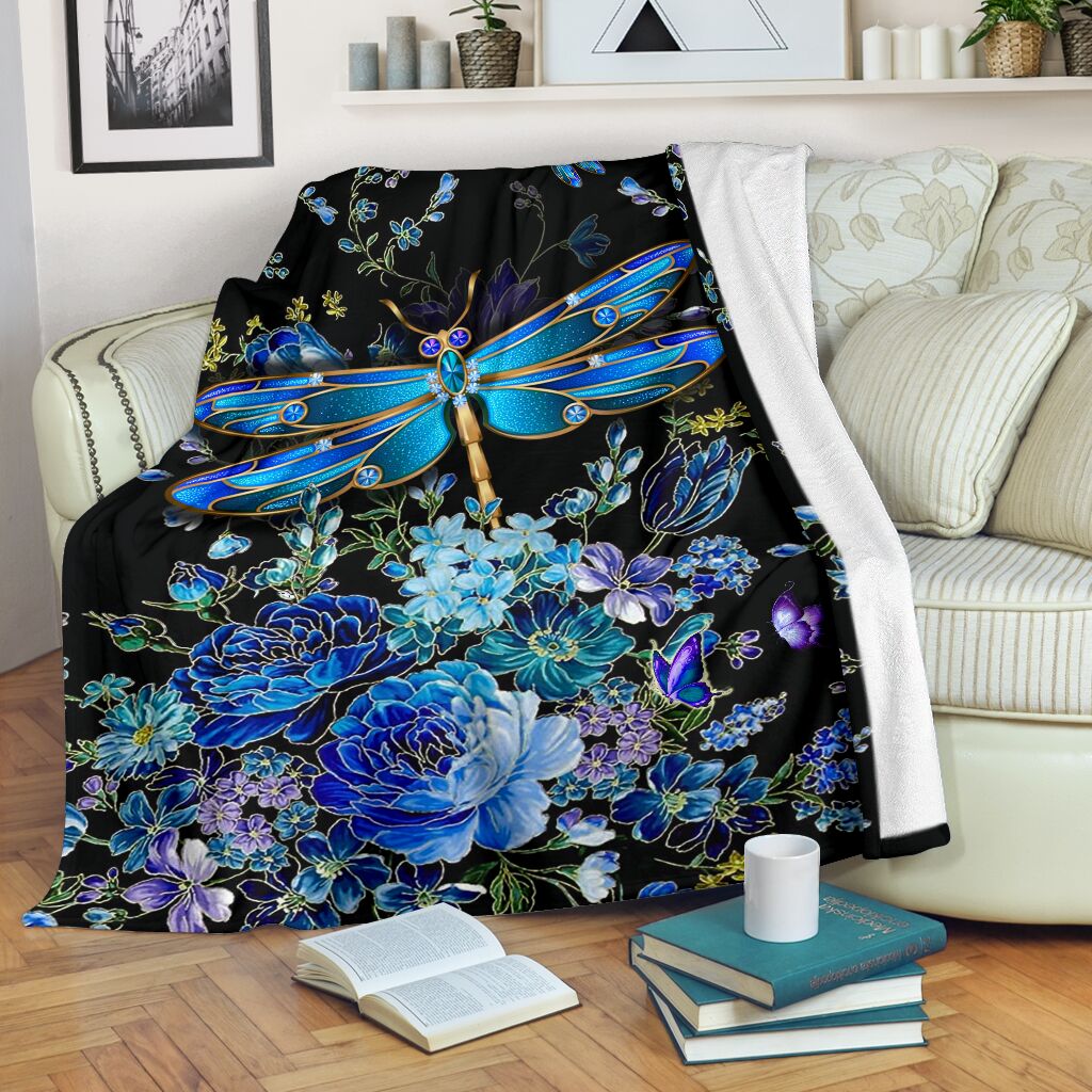 Dragonfly Blue Floral Flannel Blanket For Warm Home Decor And Relaxation