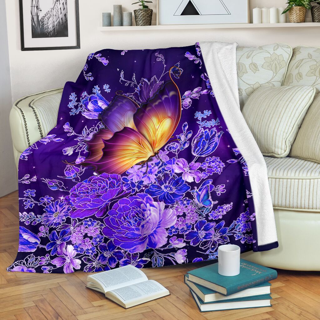 Butterfly With Purple Flowers Flannel Blanket For Warm Home Decor And Relaxation