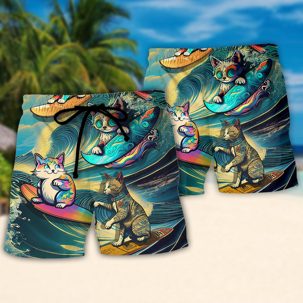 Surfing Cat Just One More Wave I Promise Funny Theme – Beach Short