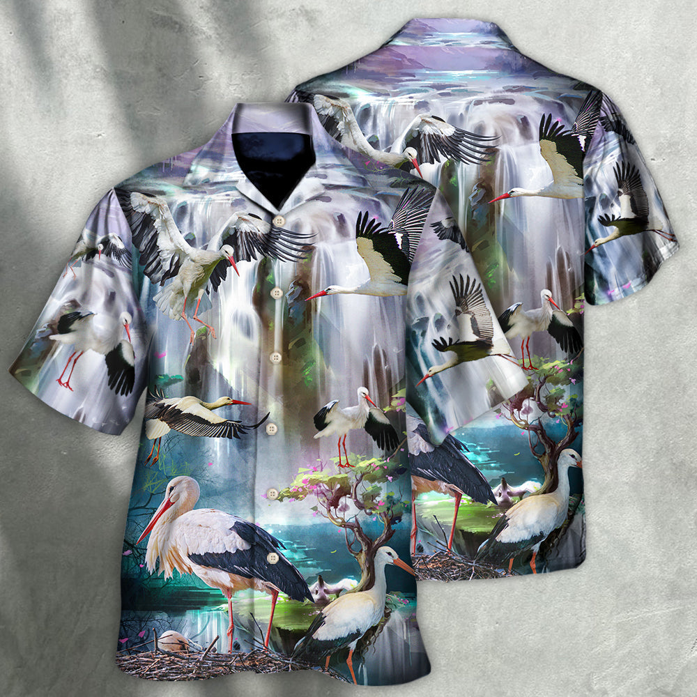 Stork Bird Dreamy Waterfall Art - Hawaiian Shirt