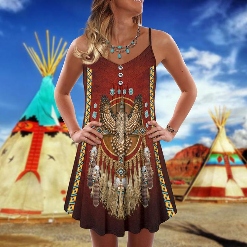 Native Owls Red Summer Vibes – Women's Summer Sleeveless V-Neck Camisole Dress
