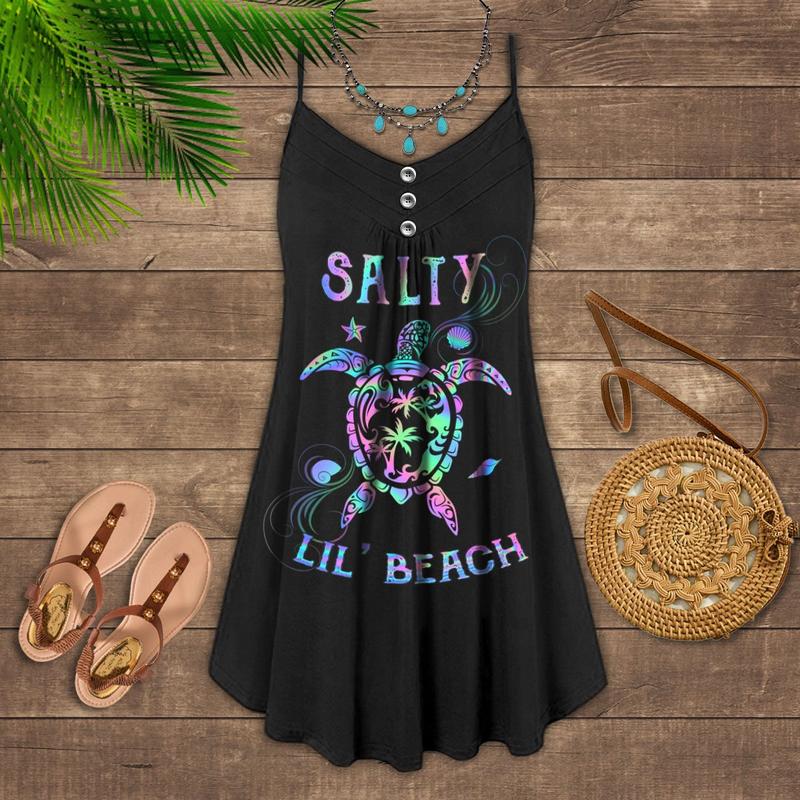 Salty Little Beach Turtle – Women's Summer Sleeveless V-Neck Camisole Dress