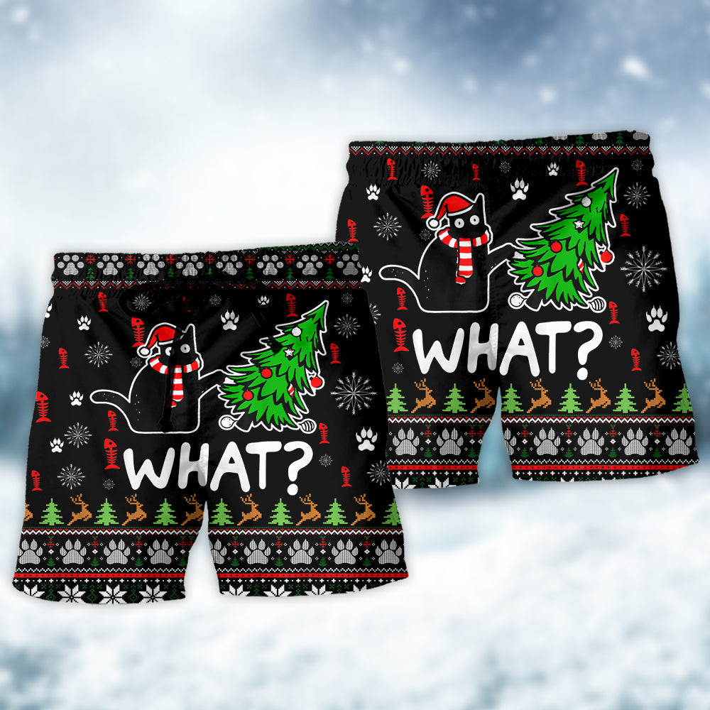 Ugly Funny Cat Christmas Tree Chaos – Beach Short