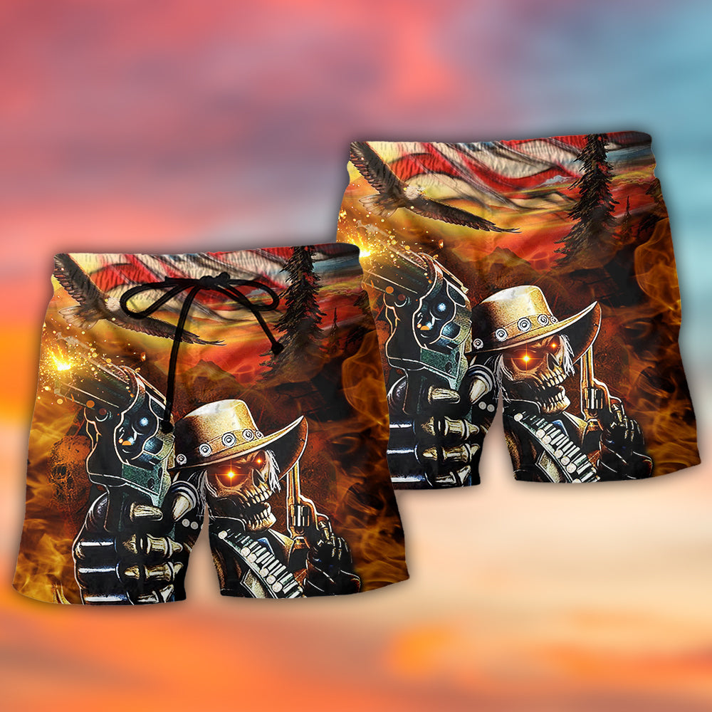 Skull Cowboy Shot Gun American Flag Vintage - Beach Short - Owls Matrix LTD