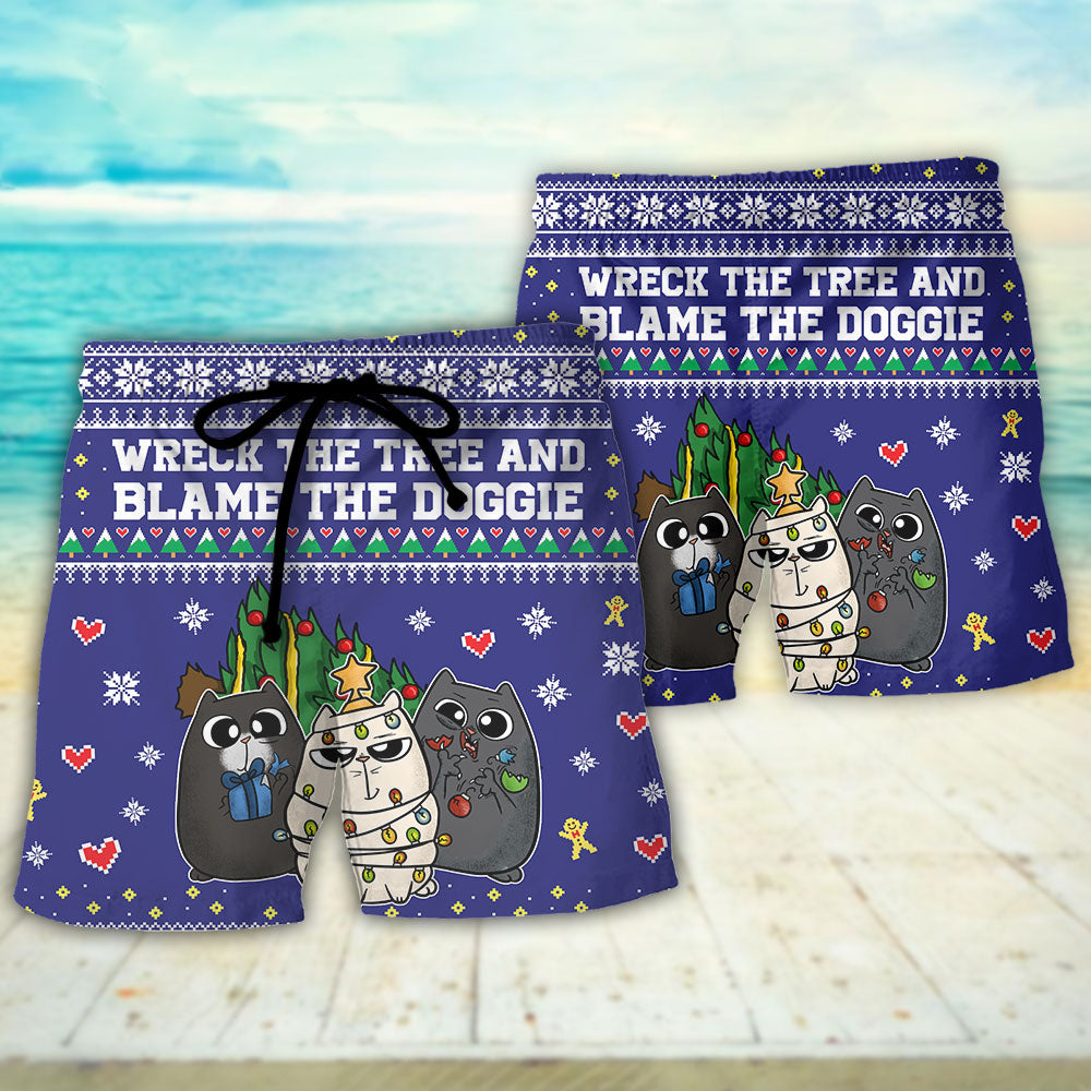Cat Wreck The Tree Meowy Christmas Heart - Beach Short