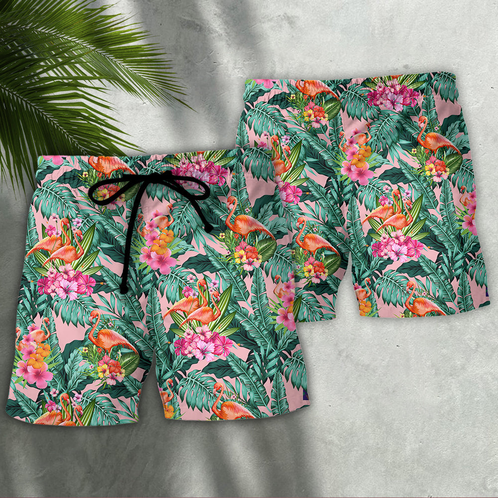 Flamingo Colorful Tropical Leaf - Beach Short