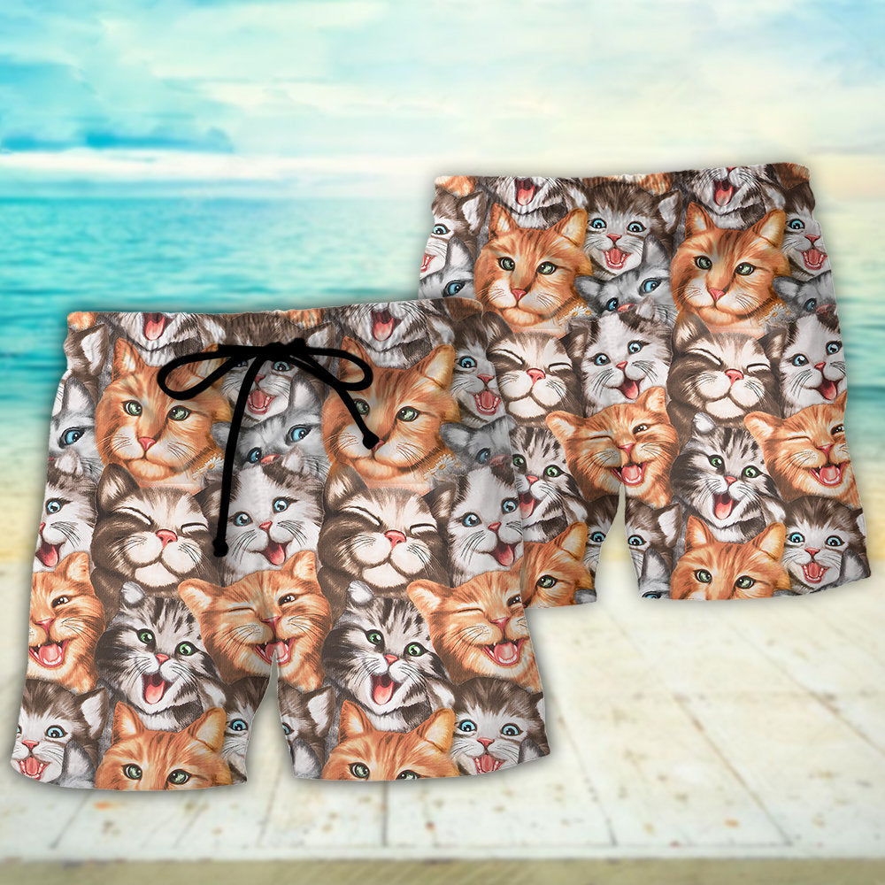 Cute Cat Happy Life Funny Cat Art – Beach Short