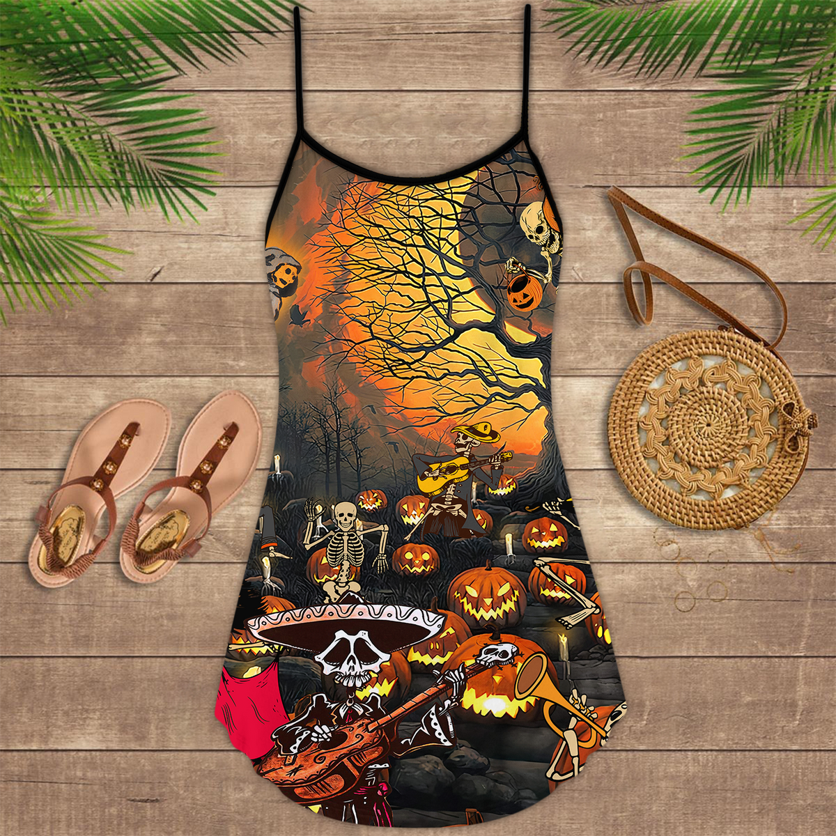 Halloween Skull Dark Night – Women's Summer Sleeveless V-Neck Camisole Dress