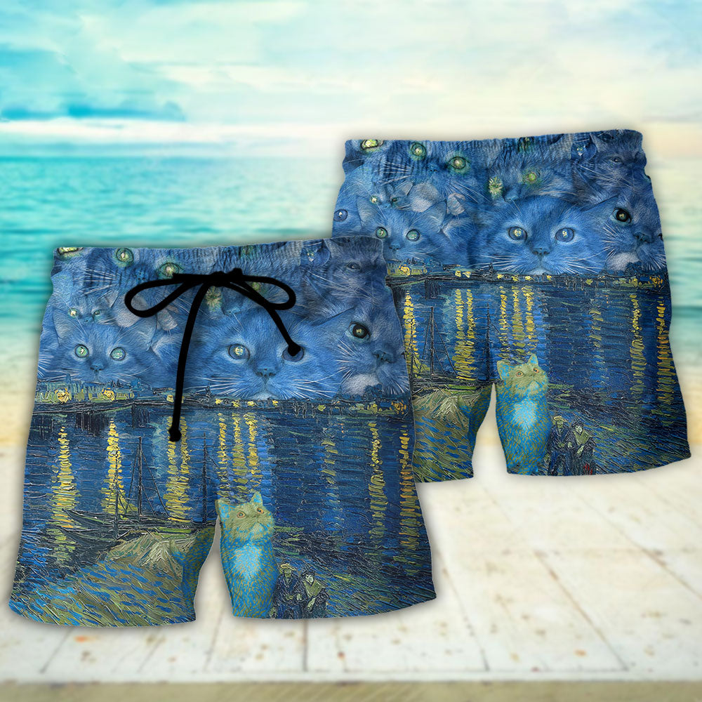 Starry Night Cat Artistic Style - Beach Short