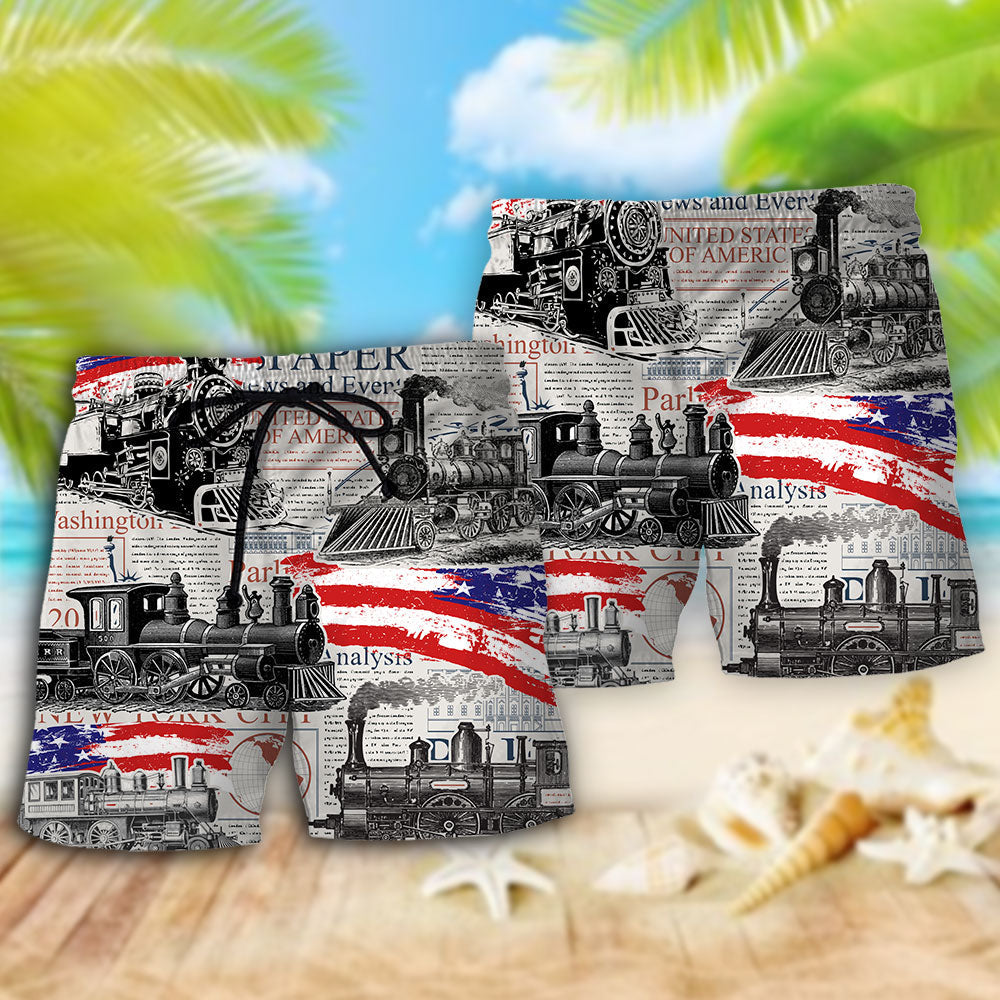 Retro Train USA Flag Independence Day - Beach Short