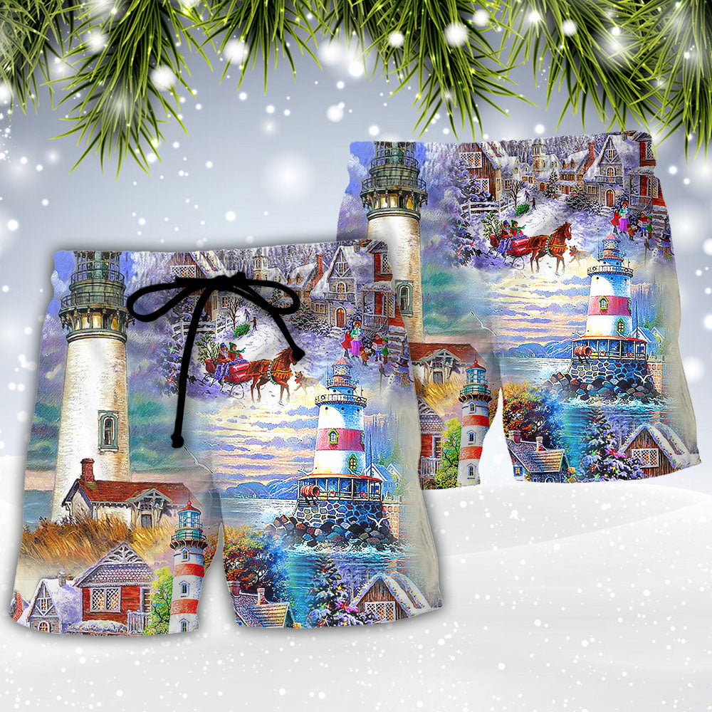 Christmas Lighthouse Santa Storm Art – Beach Short