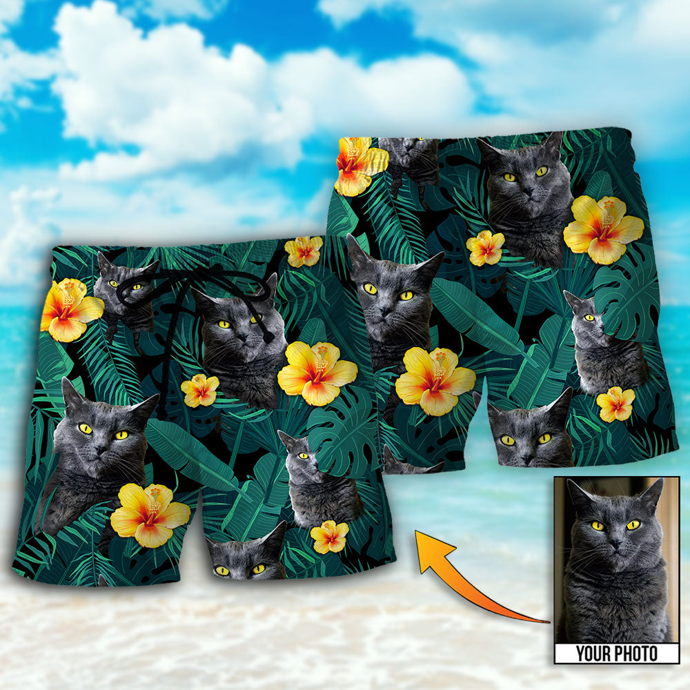 Black Cat Tropical Green Custom Photo – Beach Short