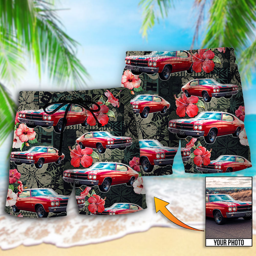 Muscle Car Tropical Leaf Floral Custom Photo – Beach Short