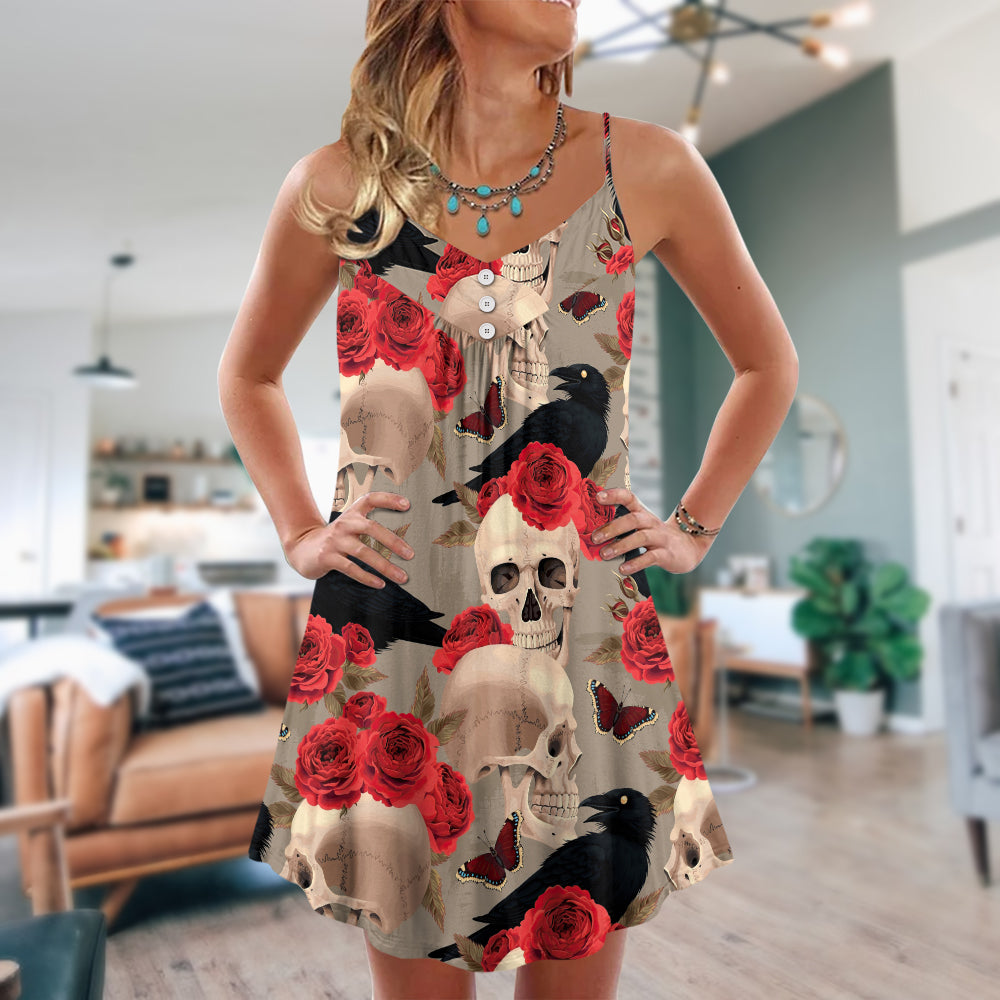 Gothic Skull Rose Raven – Women's Summer Sleeveless V-Neck Camisole Dress