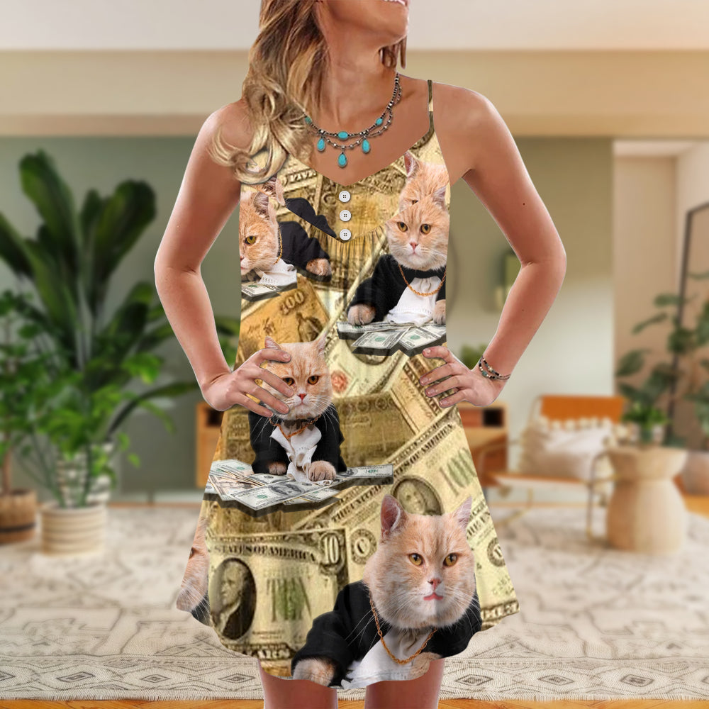 Vintage Money Cat Style – Women's Summer Sleeveless V-Neck Camisole Dress