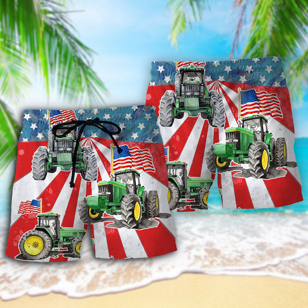 Tractor Watercolor USA Flag Independence Day - Beach Short