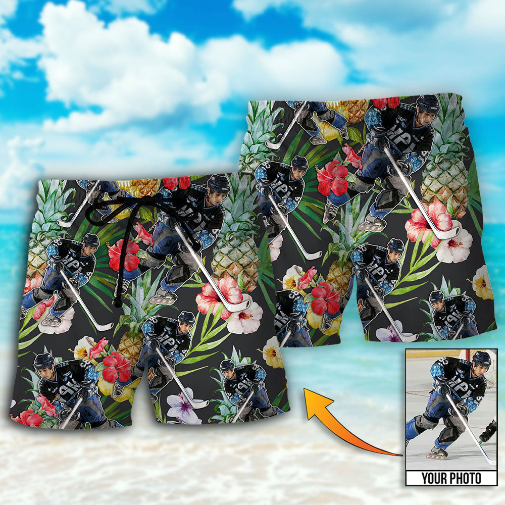 Hockey Tropical Flower Custom Photo - Beach Short - Owls Matrix LTD