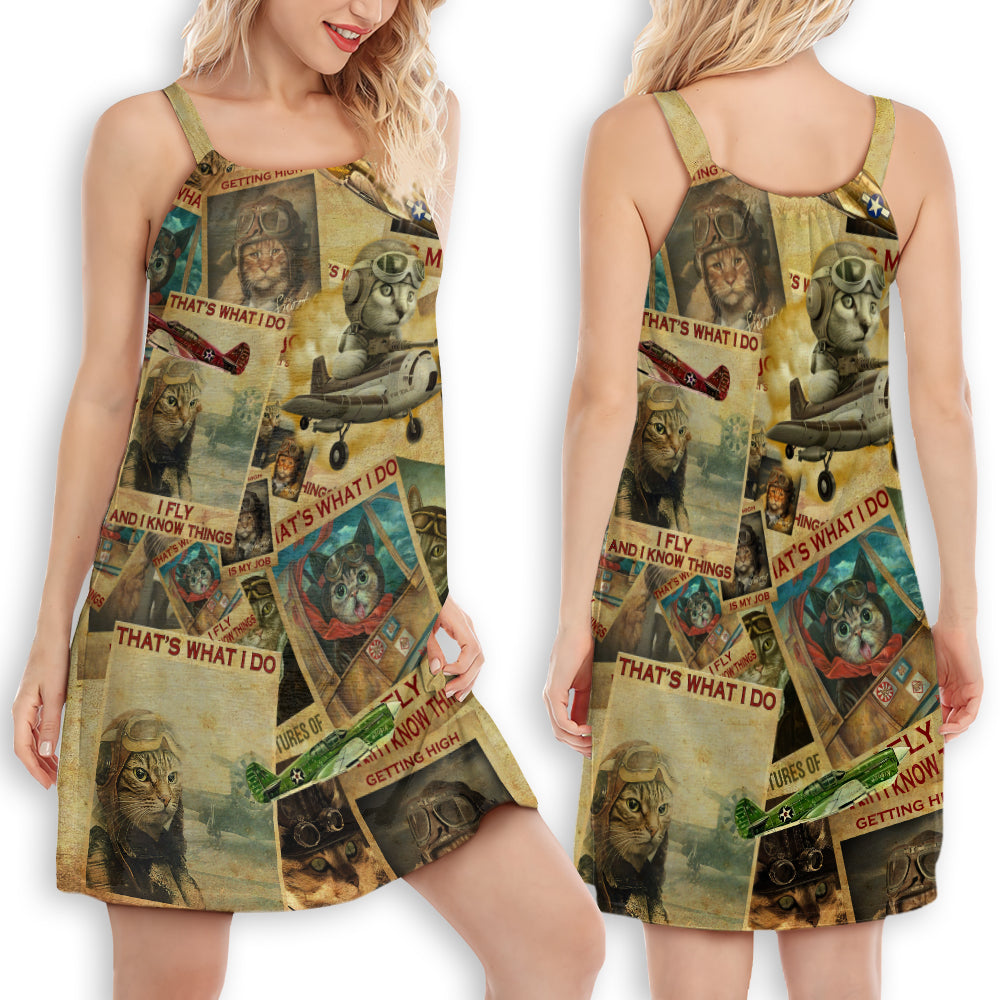 Vintage Pilot Cat Art – Women's Summer Sleeveless V-Neck Camisole Dress