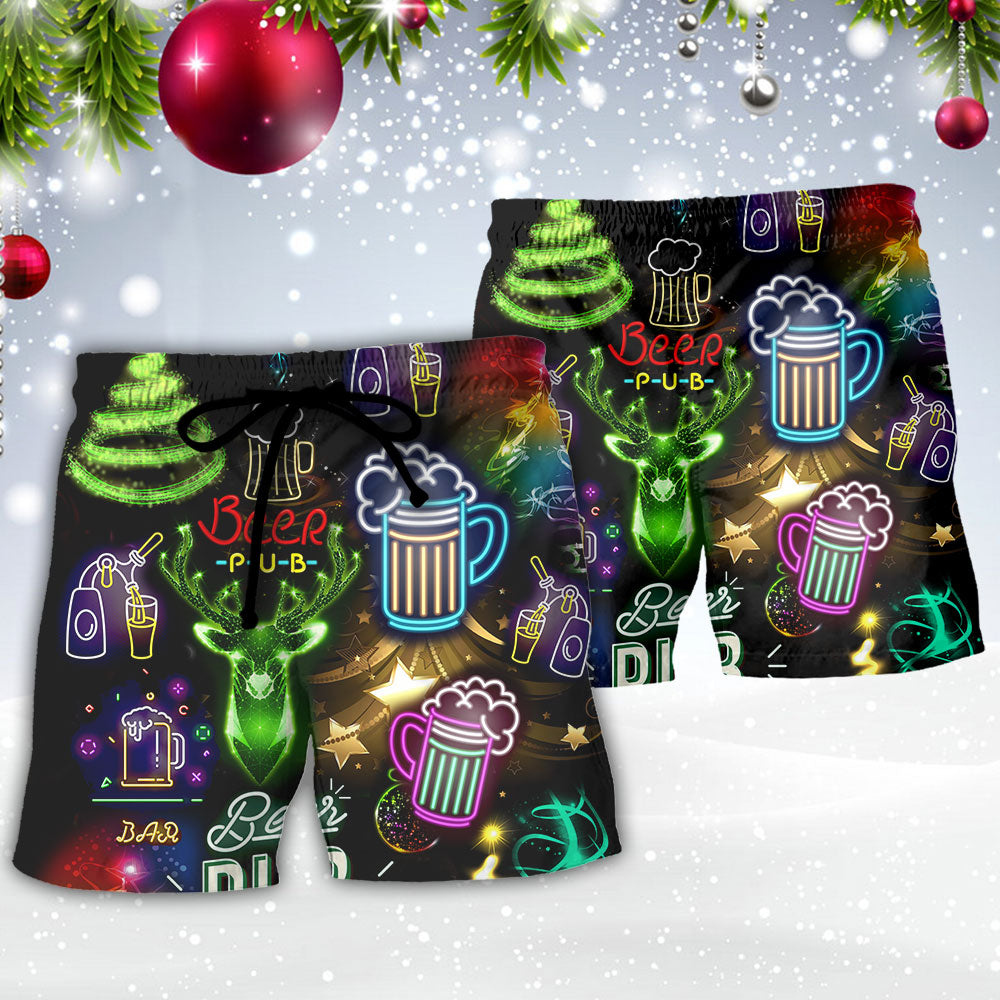Beer Christmas Neon Art Drinking - Beach Short - Owls Matrix LTD