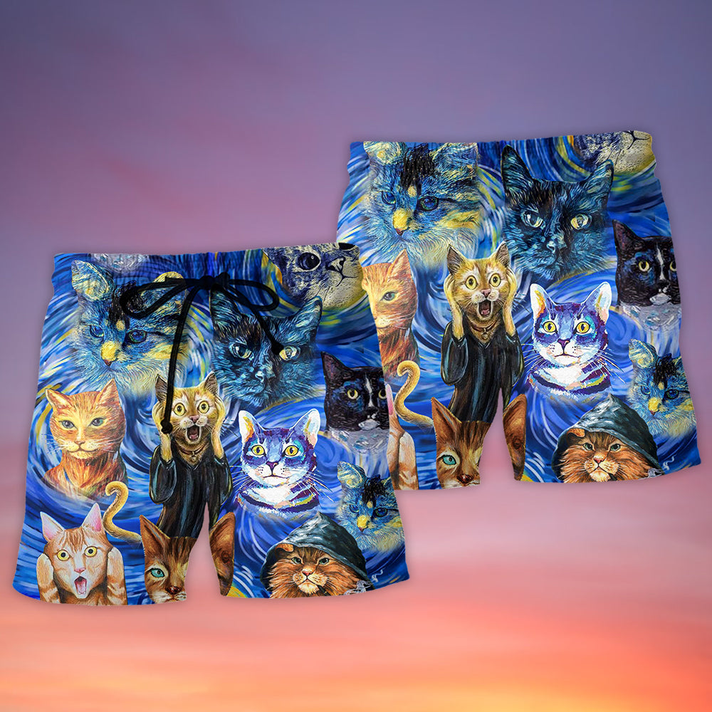 Cat Starry Night Funny Cat Painting Art Style - Beach Short - Owls Matrix LTD