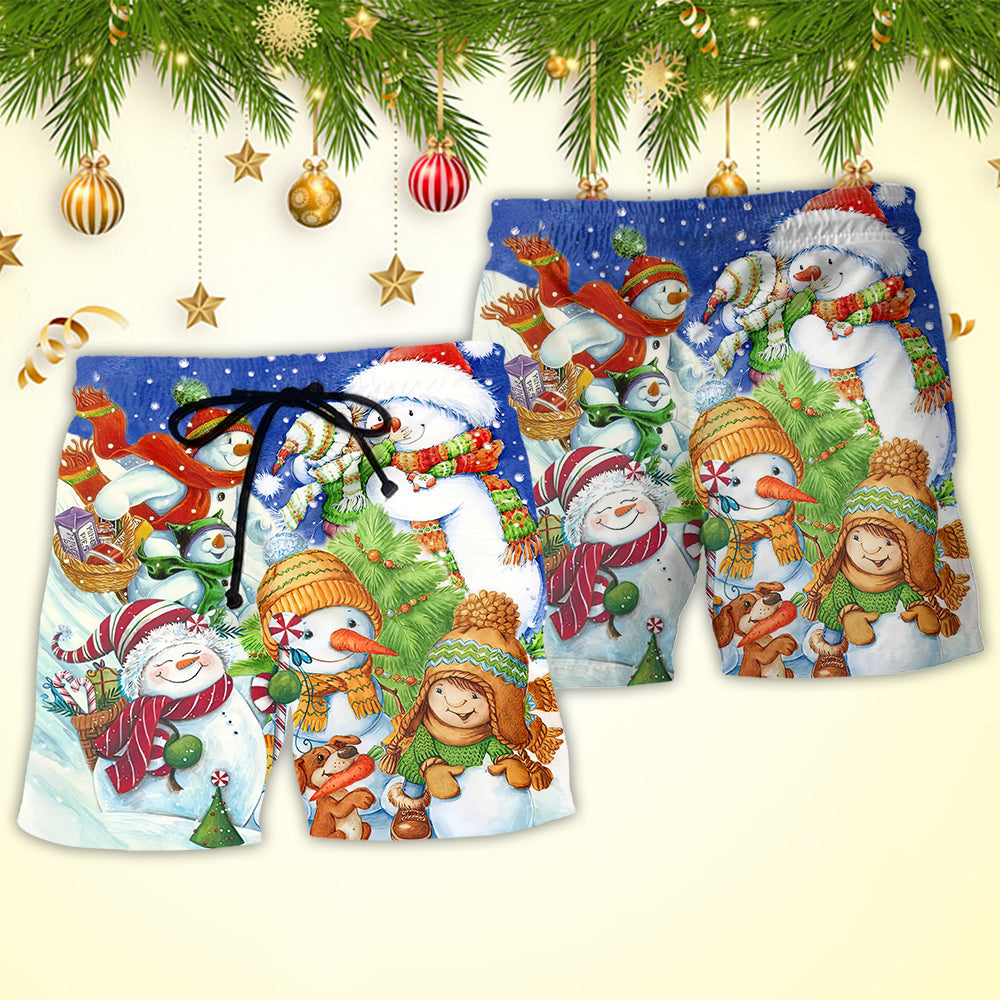 Snowman Merry Christmas Winter Night - Beach Short