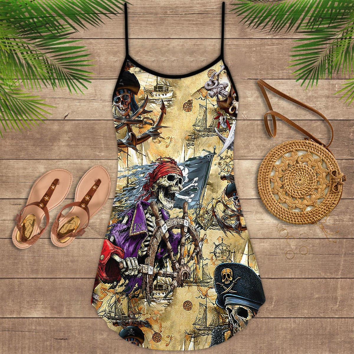 Skull Pirate Adventure Theme – Women's Summer Sleeveless V-Neck Camisole Dress