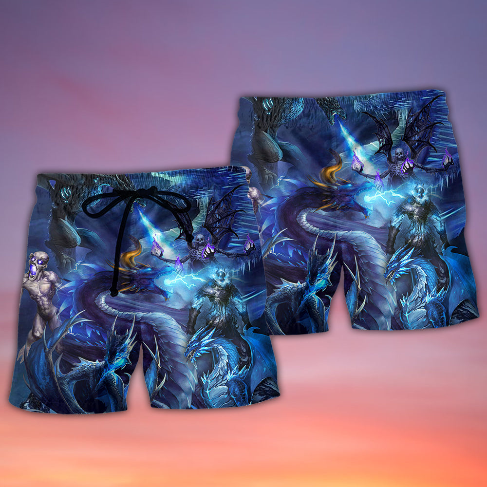 Blue Dragon Skull Fire Lightning Art – Beach Short