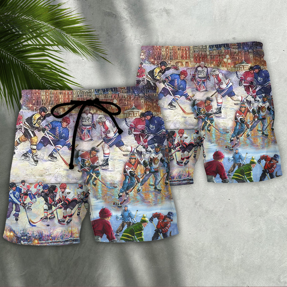 Ice Hockey Night Colorful Art - Beach Short