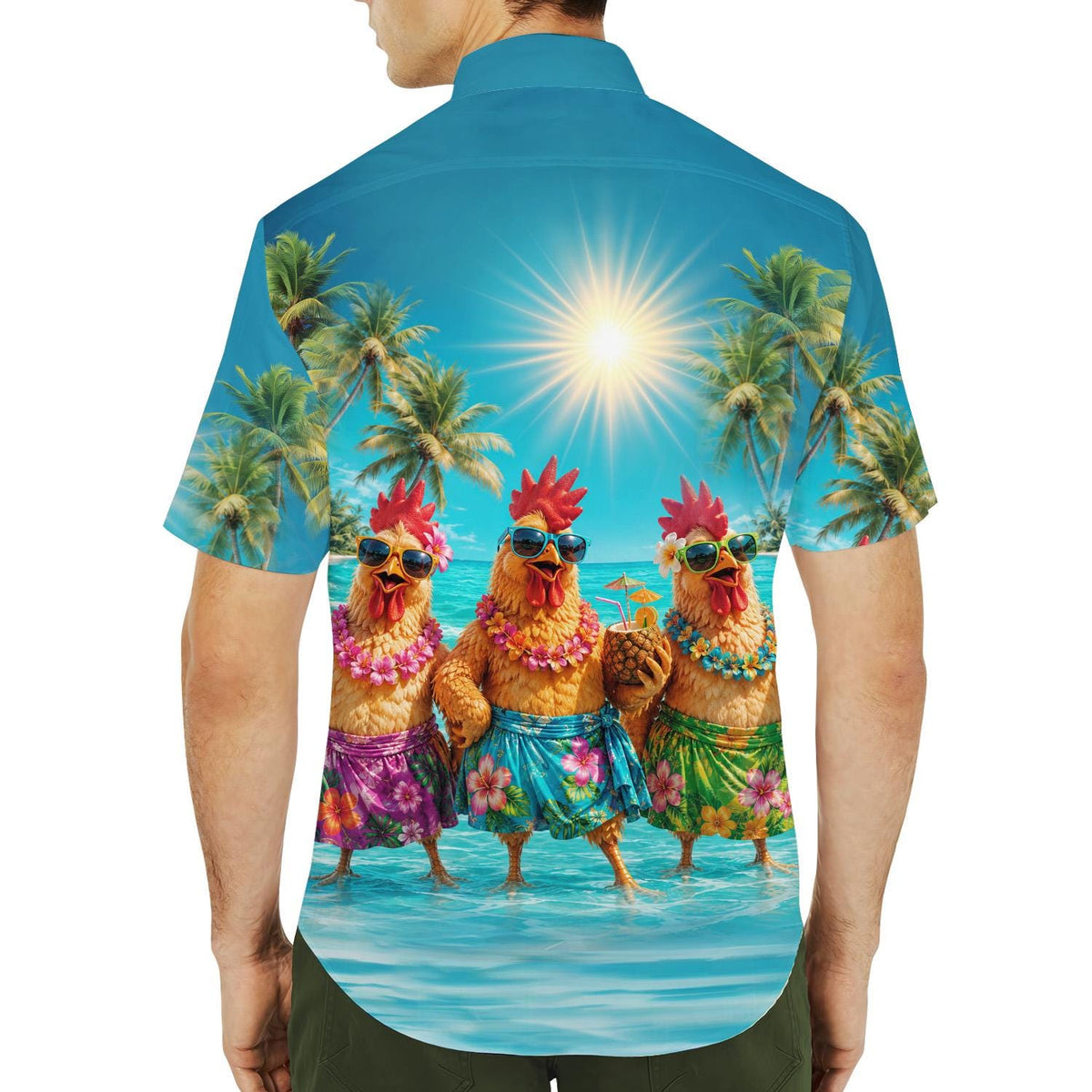 Tropical Chicken Rooster Palm Tree Beach Vacation – Hawaiian Shirt