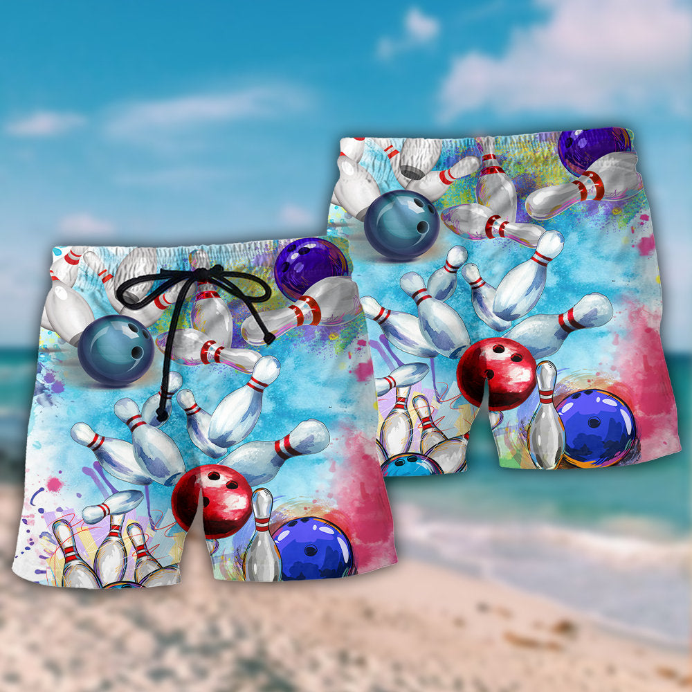 Colorful Bowling Ball And Pins Art – Beach Short