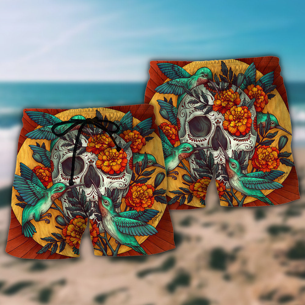 Skull Floral Skull Hummingbird - Beach Short - Owls Matrix LTD