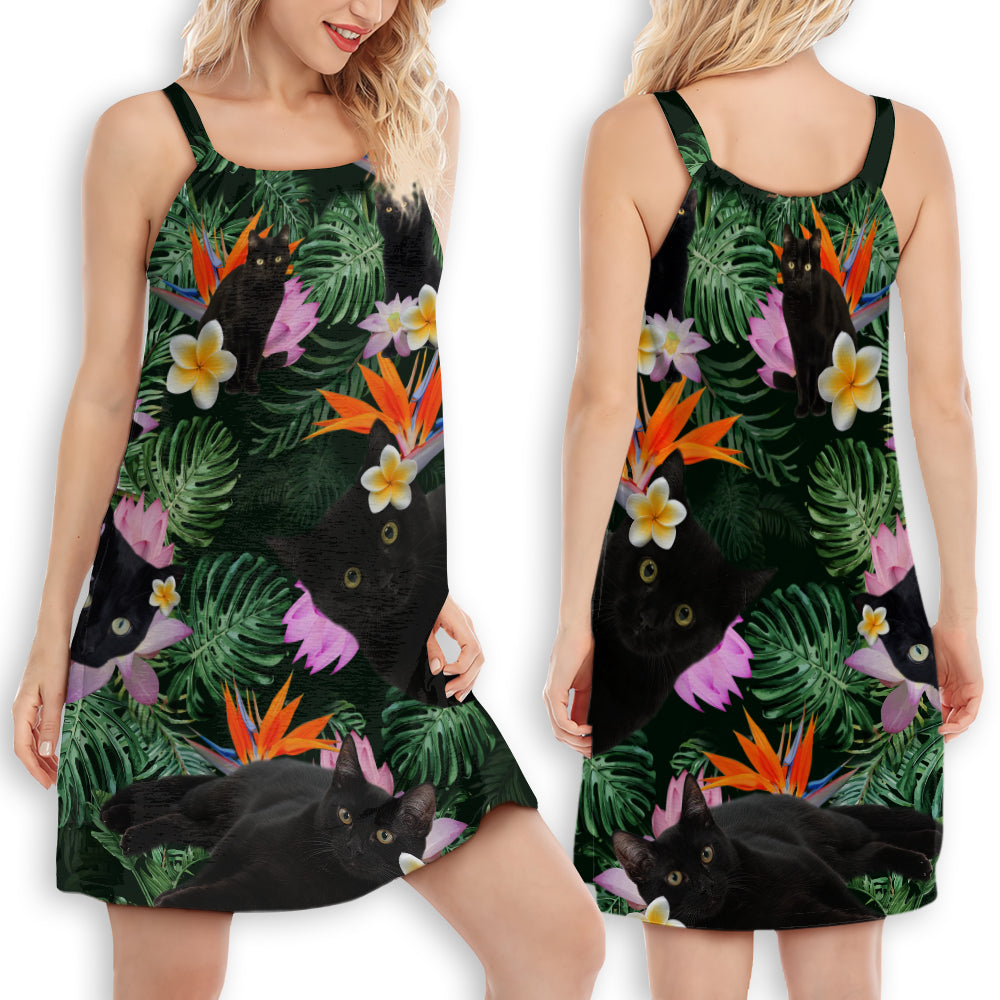 Cat Tropical Leaf Power – Women's Summer Sleeveless V-Neck Camisole Dress