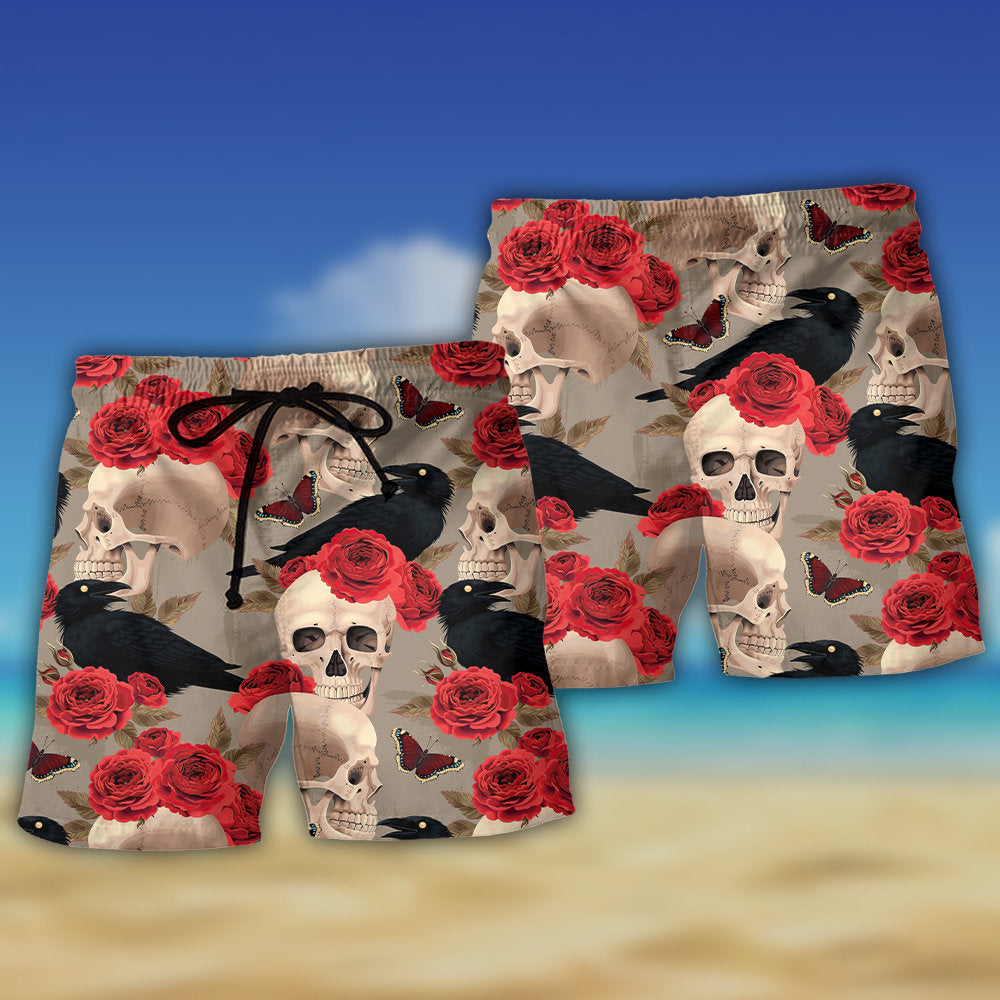 Gothic Skull With Rose And Raven – Beach Short