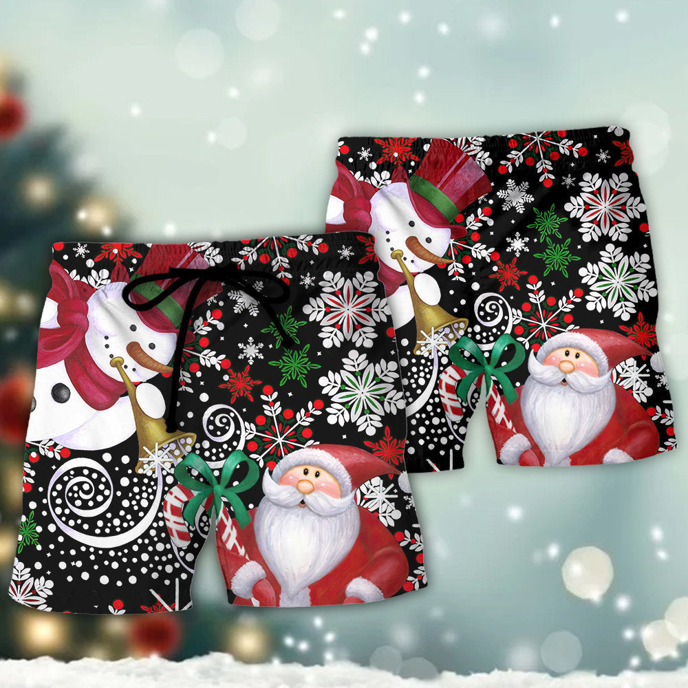 Christmas Snowy Day Santa And Snowman – Beach Short