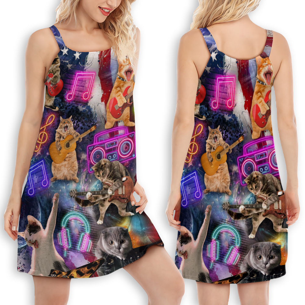 Patriotic Rocker Cat Style – Women's Summer Sleeveless V-Neck Camisole Dress