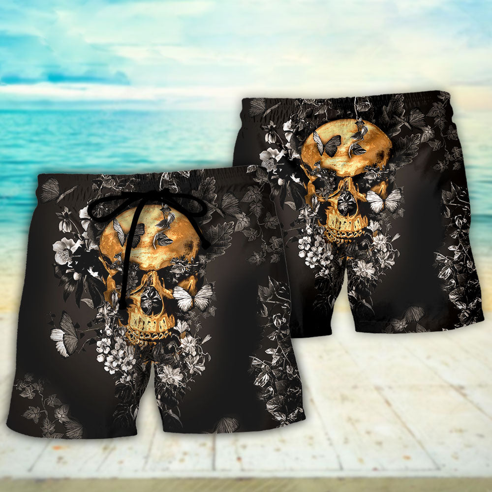 Skull And Flowers Growing From Dark Moments – Beach Short