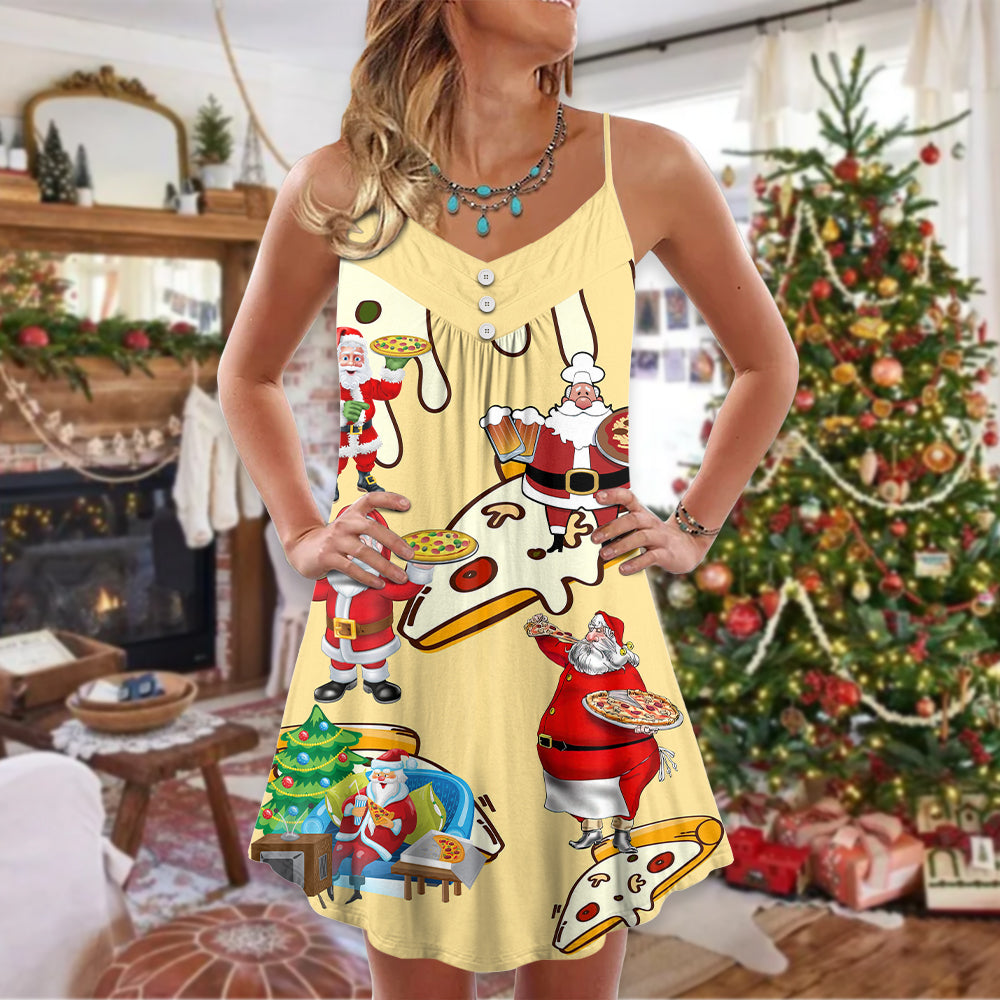 Christmas Santa Eating Pizza – Women's Summer Sleeveless V-Neck Camisole Dress