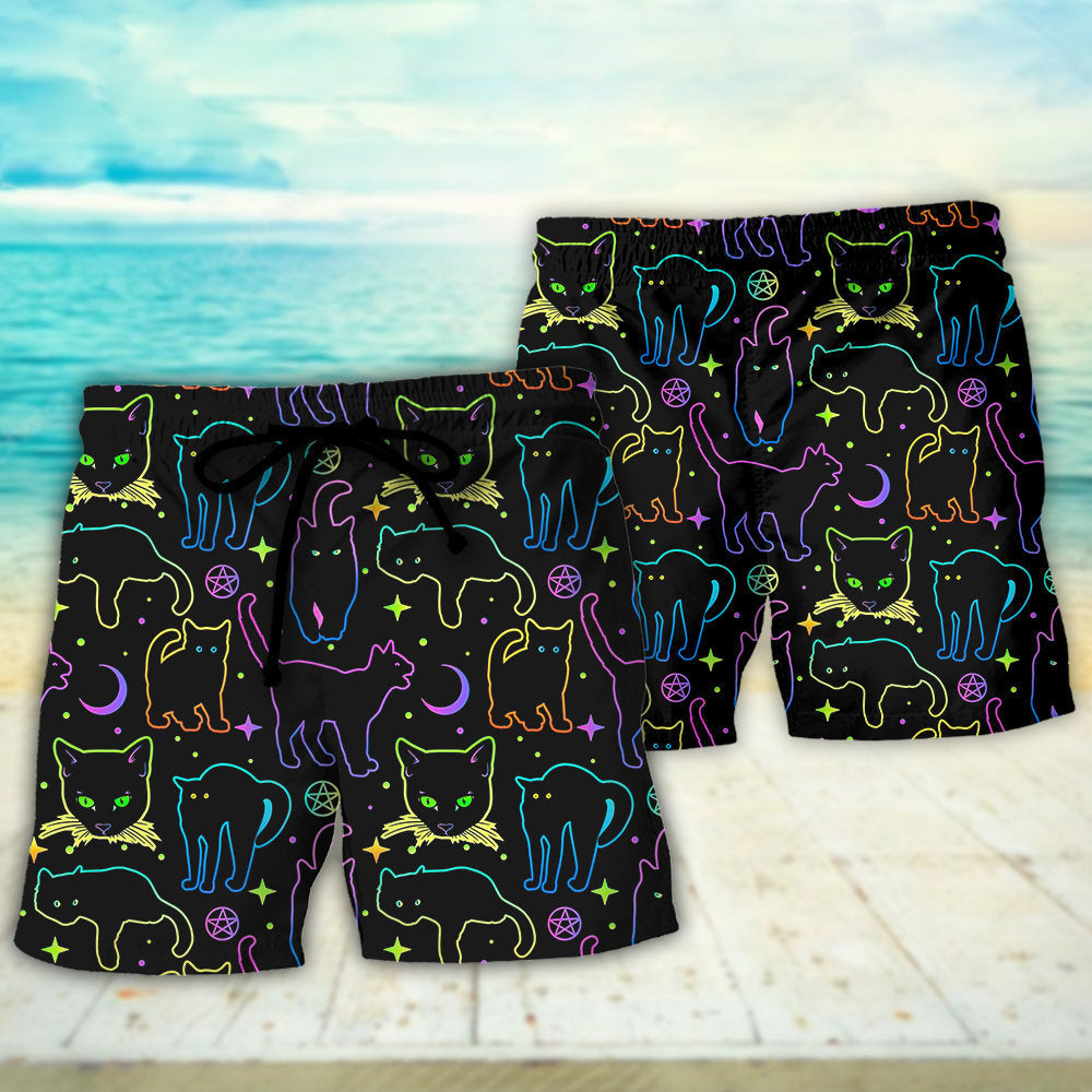 Cat Neon Colorful Playing With Kitten Magical - Beach Short - Owls Matrix LTD