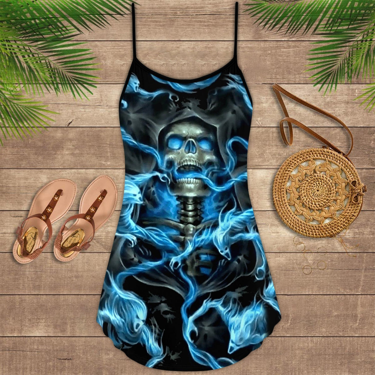 Blue Skull Dark Background – Women's Summer Sleeveless V-Neck Camisole Dress