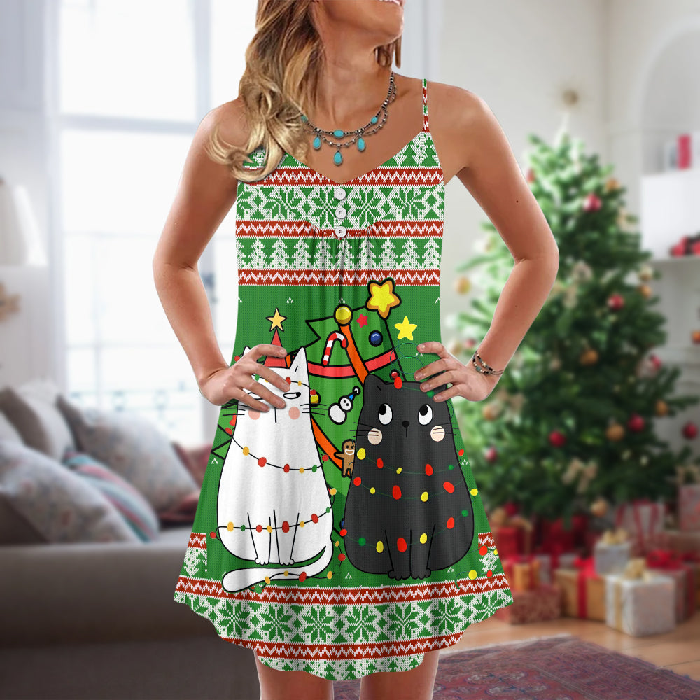 Christmas Meowy Cat Tree Fun – Women's Summer Sleeveless V-Neck Camisole Dress