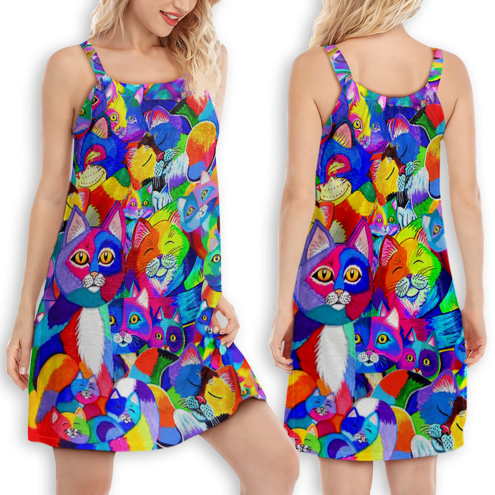 Rainbow Colorful Cat – Women's Summer Sleeveless V-Neck Camisole Dress