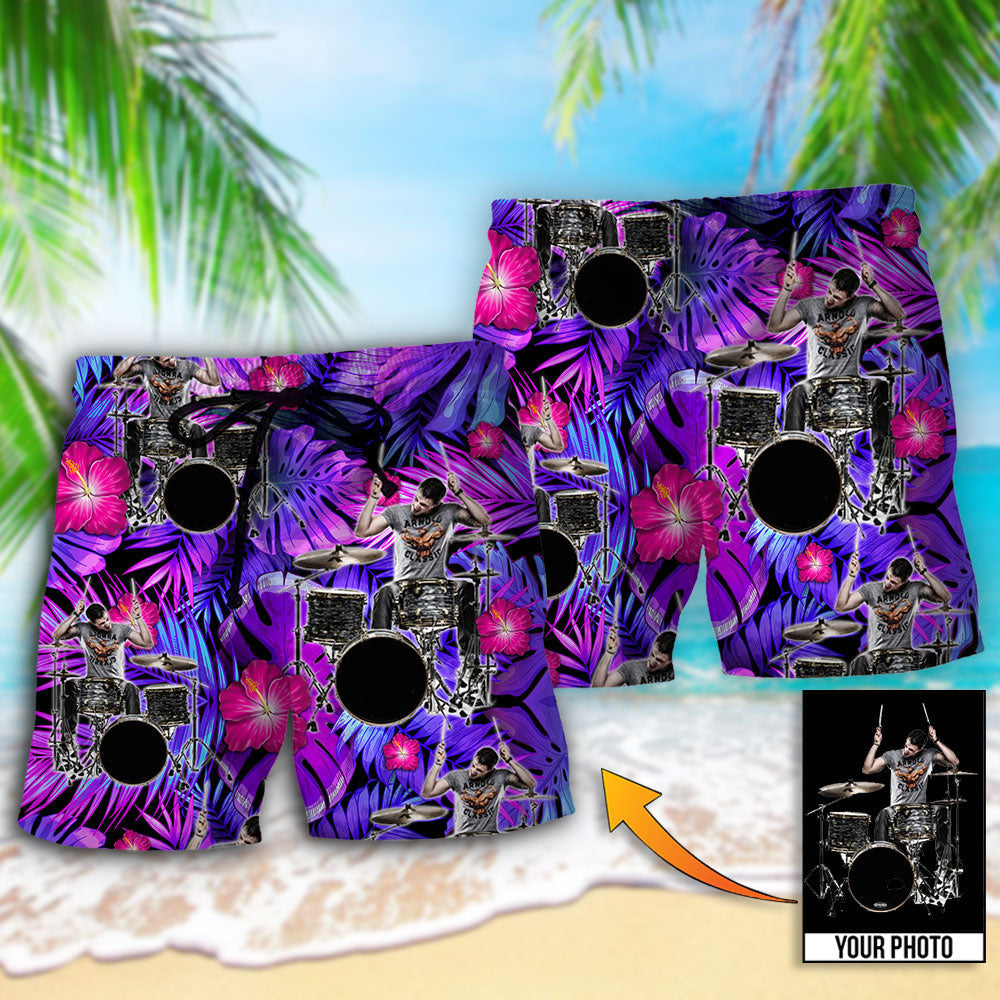 Drum Purple Tropical Leaf Custom Photo – Beach Short