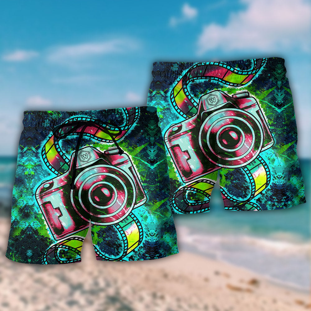 Abstract Colorful Retro Camera – Beach Short