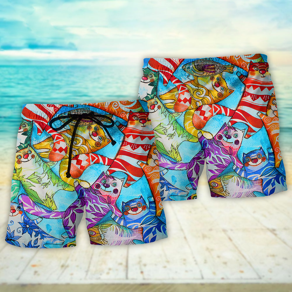 Cat And Fish Funny Friendship – Beach Short