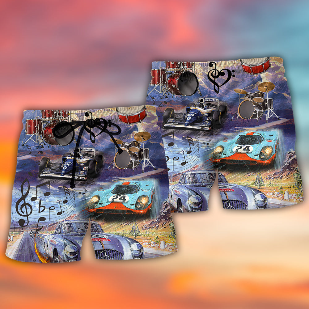 Racing And Drum Lover Music And Car - Beach Short - Owls Matrix LTD