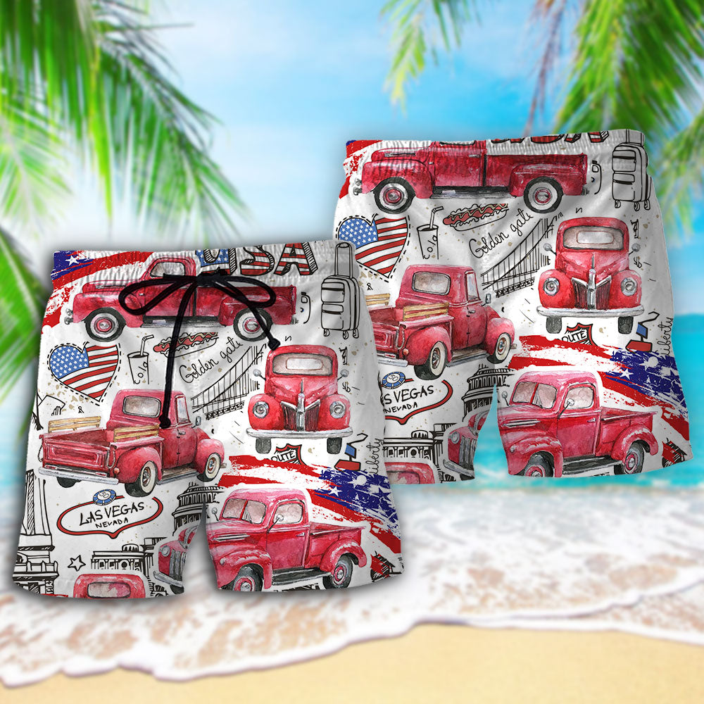 Red Truck US Flag Independence Day - Beach Short