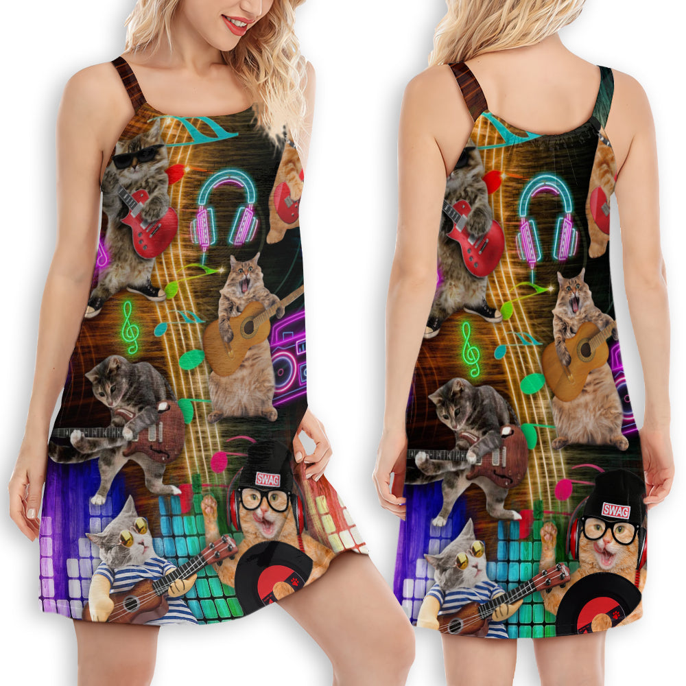 Rocker Cat Lovely Vibes – Women's Summer Sleeveless V-Neck Camisole Dress