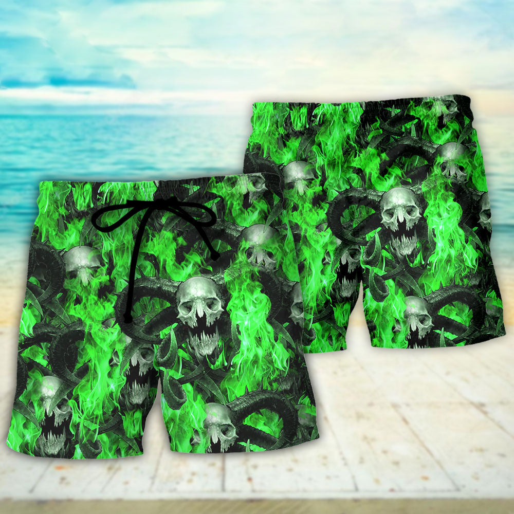 Skull Green Flame Burning Art – Beach Short
