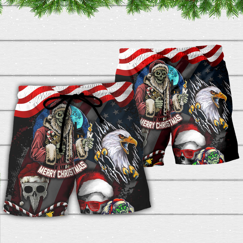 Christmas Skull Eagle Flag Art – Beach Short
