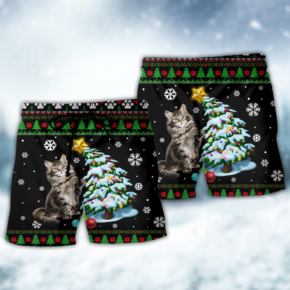 Funny Cat Wrecking Tree Christmas Art – Beach Short
